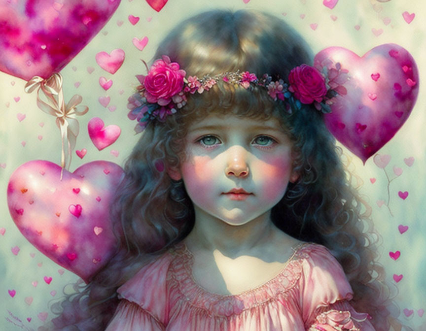 Young girl with blue eyes and floral headband surrounded by pink heart-shaped balloons and smaller hearts