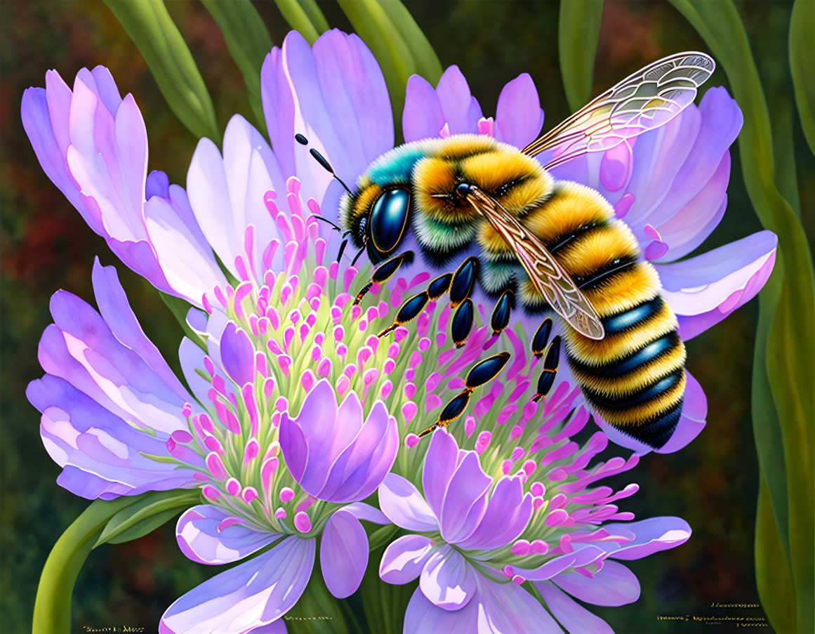 Colorful Bee Collecting Nectar from Purple Flower