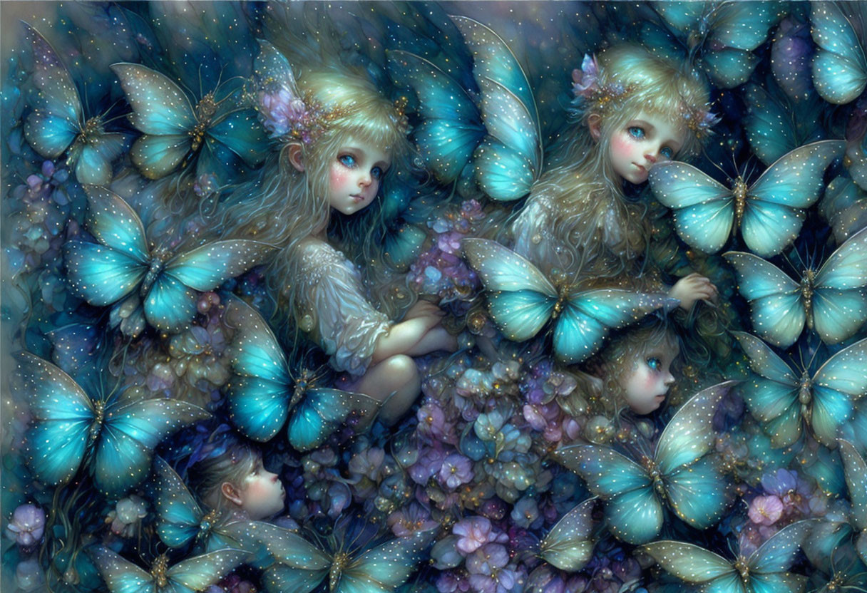 Fantasy illustration of ethereal beings with butterfly wings in a luminous scene