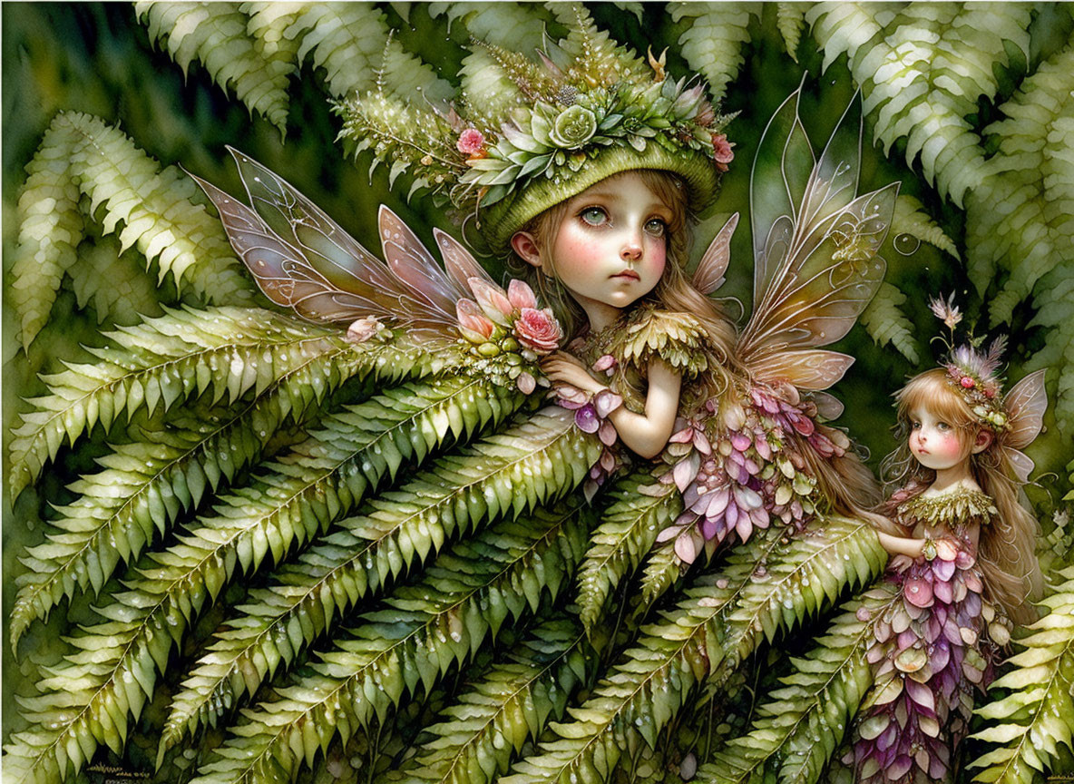 Whimsical fairy illustration with intricate leafy wings in lush greenery