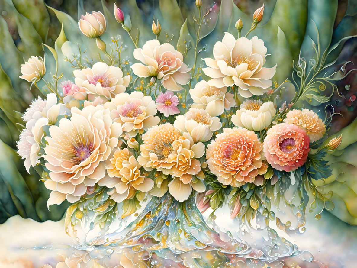 Detailed painting of blooming peach and cream flowers with water droplets on petals