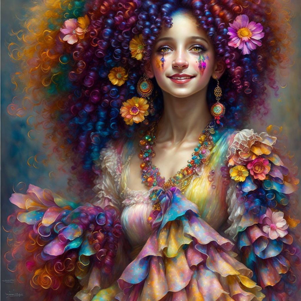 Colorful illustration of smiling girl with curly hair and floral adornments.