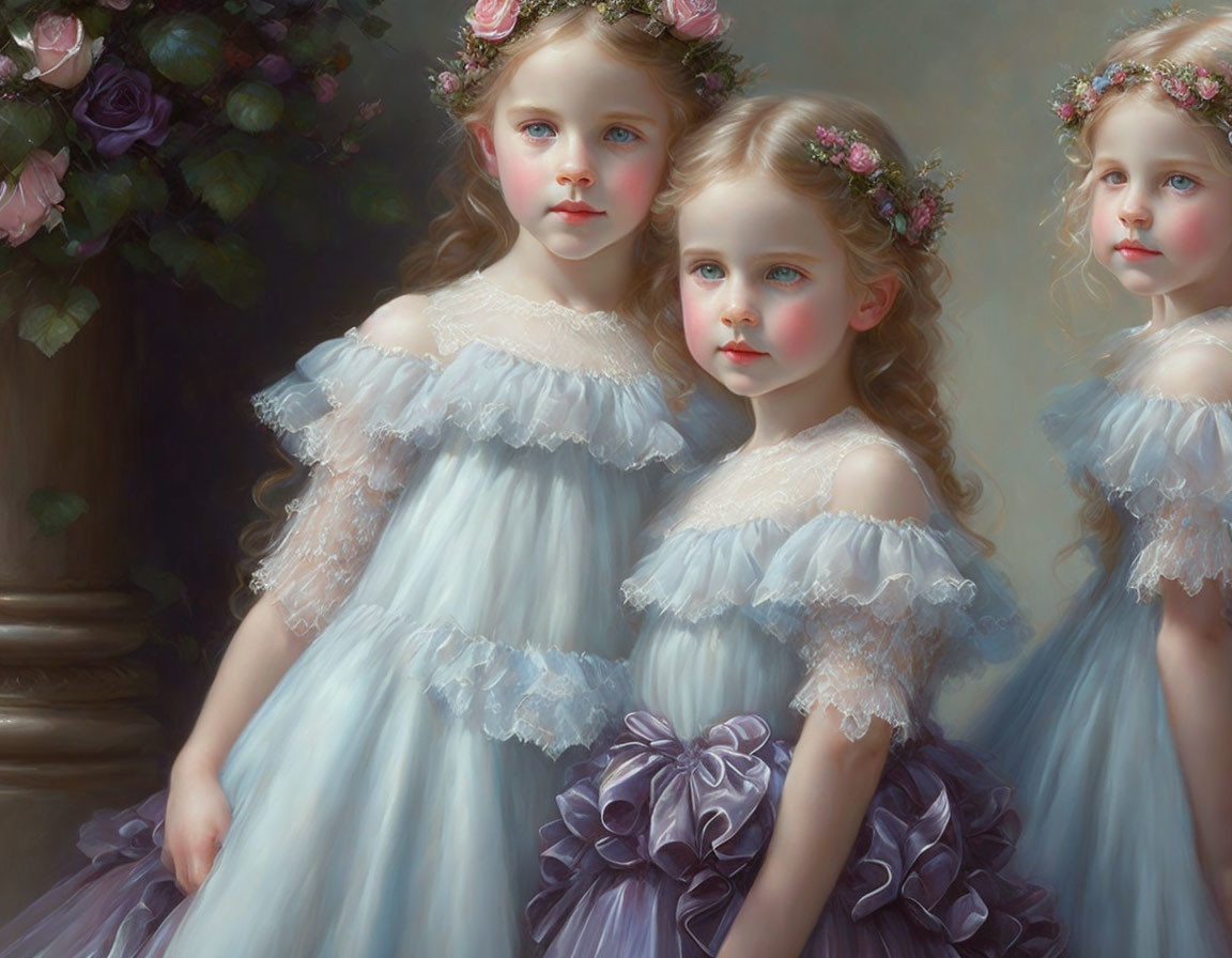 Three young girls in blue dresses and floral crowns with a painting-like quality