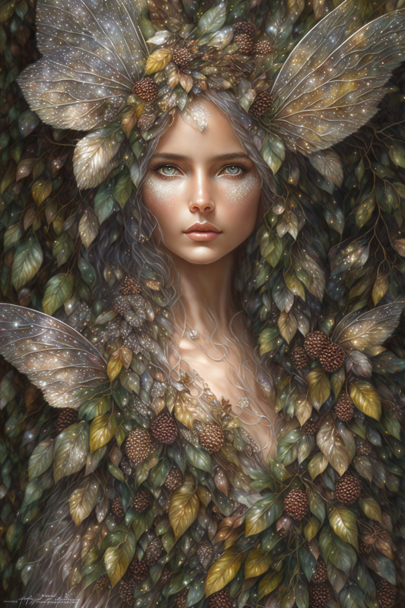 Detailed illustration of mystical fairy with translucent wings, surrounded by leaves, pinecones, intense blue eyes