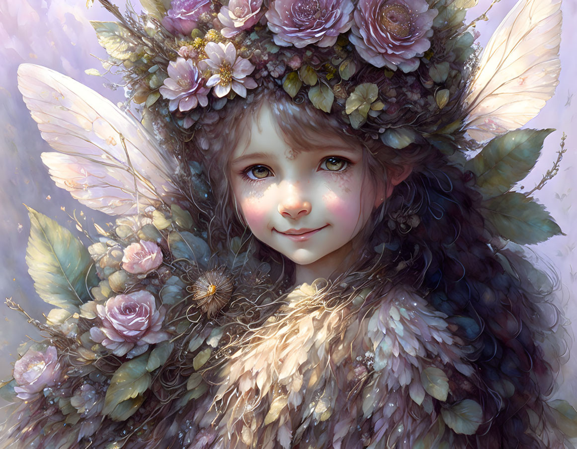 Whimsical child with fairy wings and floral crown in soft floral setting