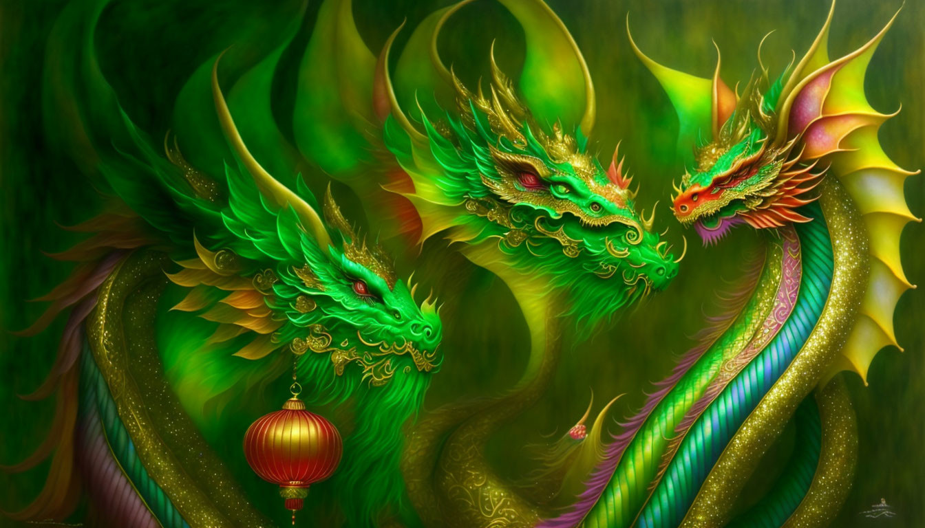 Ornate dragons with green and golden scales in swirling clouds with red lantern.