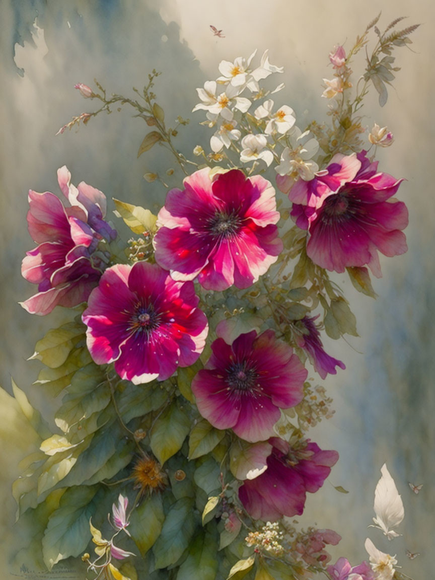 Vibrant pink hollyhocks in a serene painting with misty background