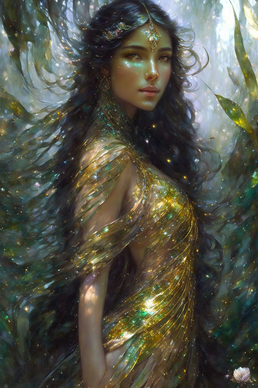 Ethereal woman with long hair in mystical forest.