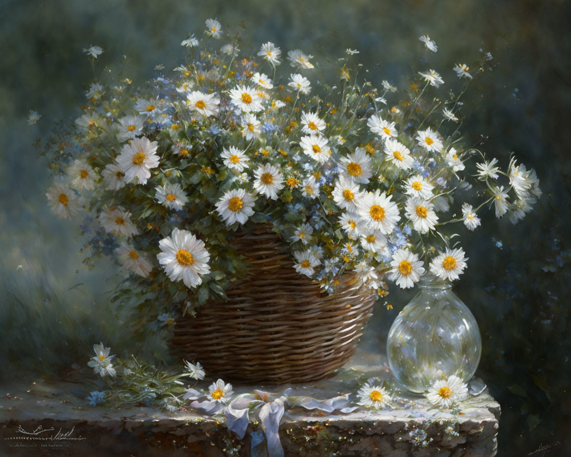 Still life painting of wicker basket with daisies on table