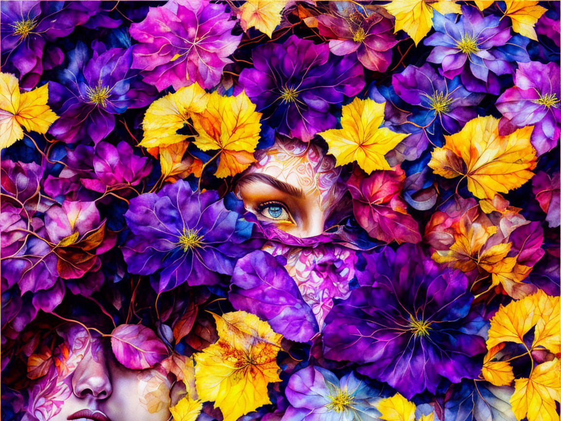 Vibrant autumn leaves and flowers collage with woman's face and striking eye makeup