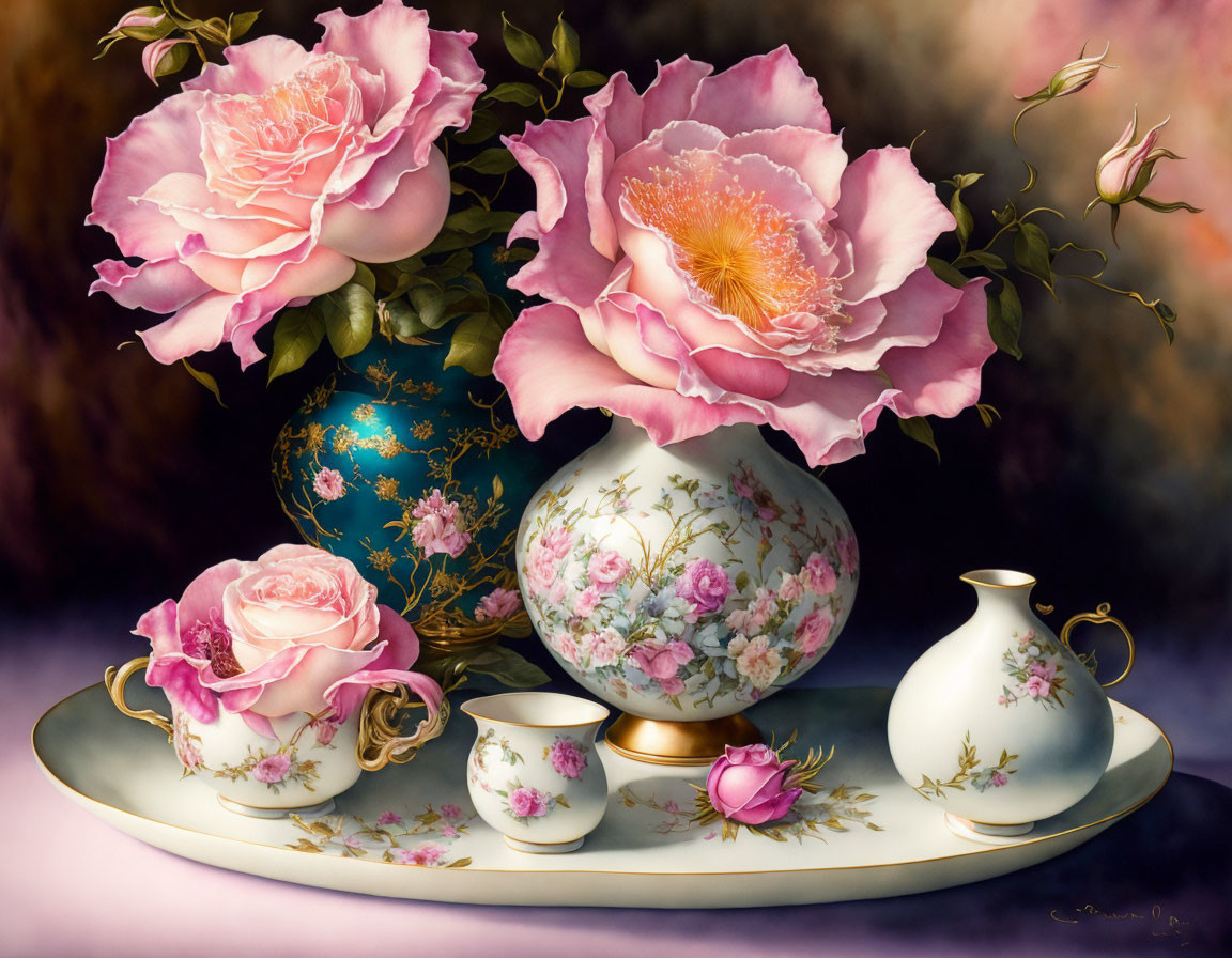 Pink roses in floral vase with teaware on golden tray against textured background