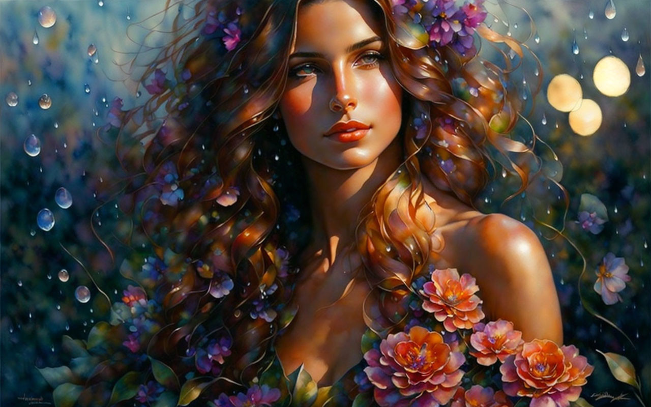 Vibrant floral digital painting of woman with flowing hair