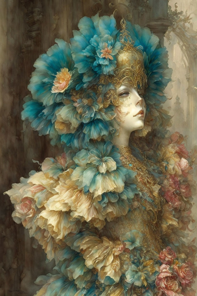 Detailed painting of woman in Venetian mask and costume, blue and gold colors, whimsical ambiance