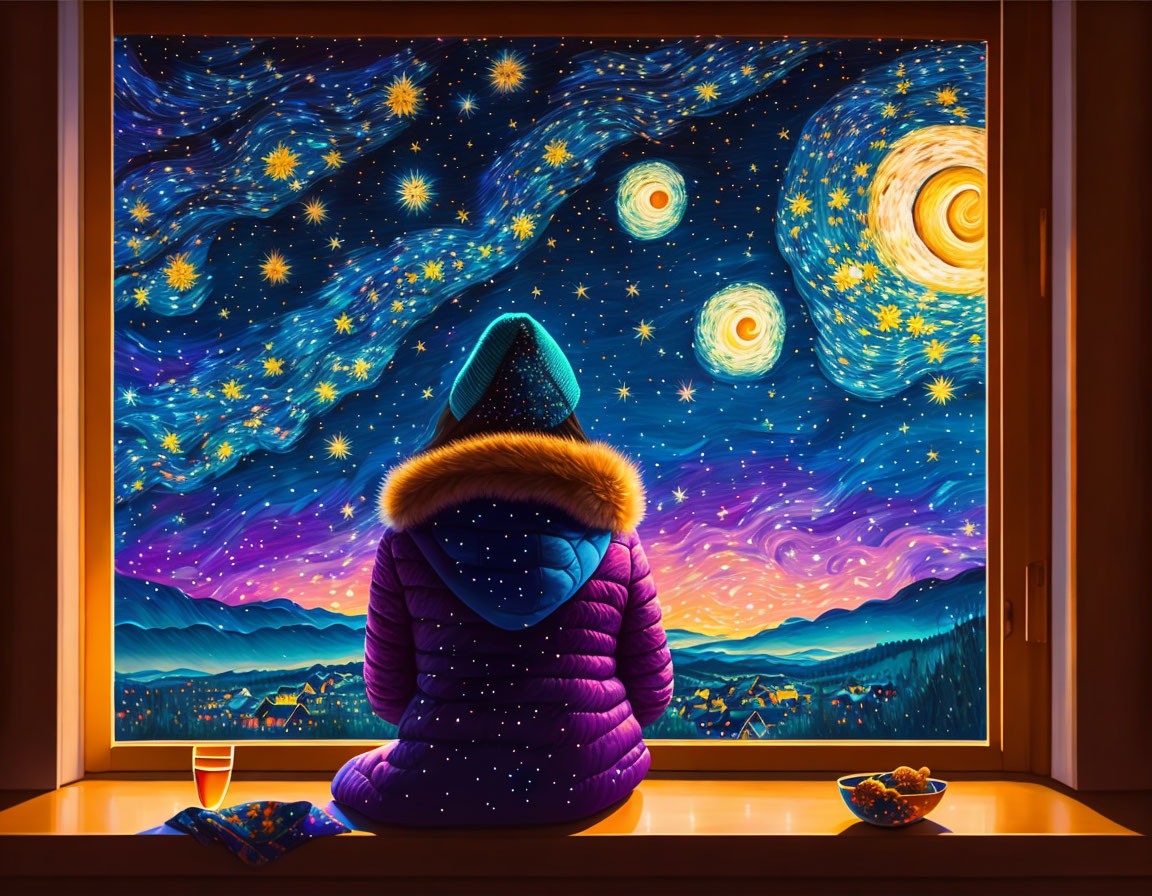 Person in Purple Jacket Contemplates Starry Night Sky Through Window