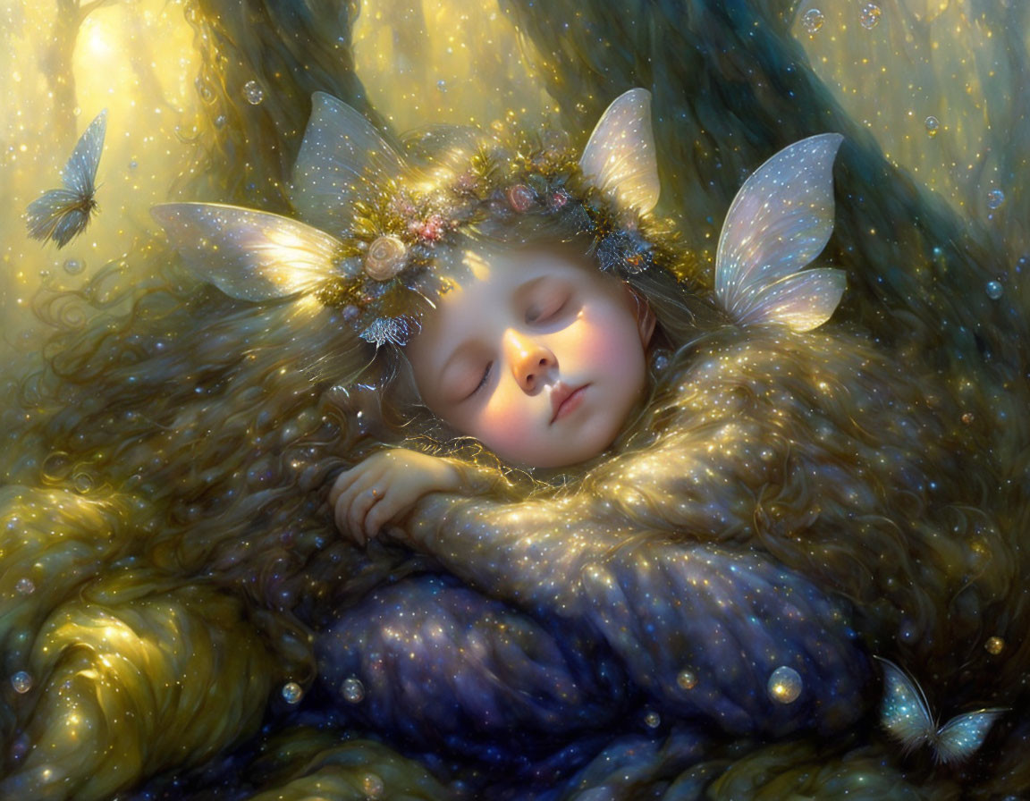 Child with luminous wings and floral crown sleeping peacefully in golden locks with butterfly nearby