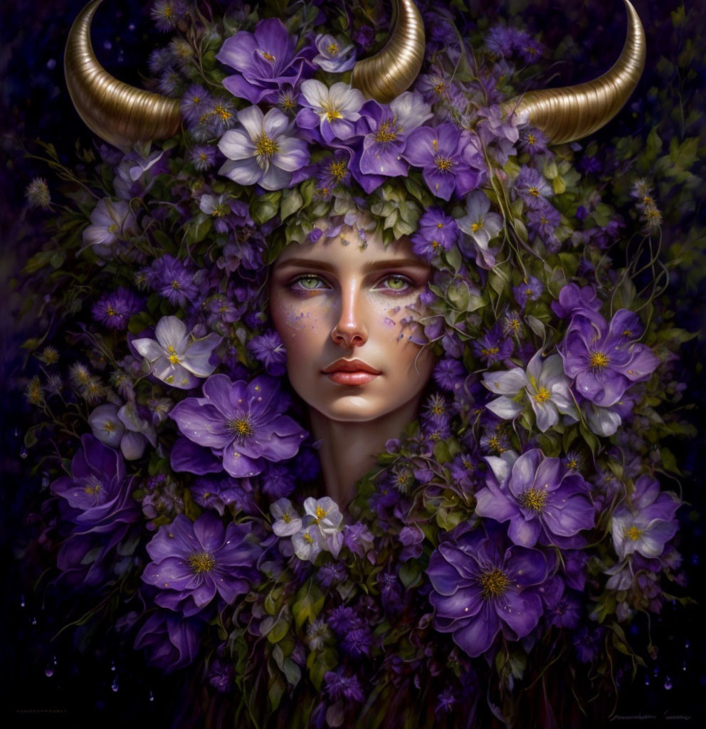 Illustration of woman with horns in lush floral setting