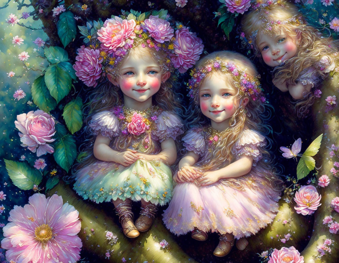 Whimsical children with flower crowns in rose garden