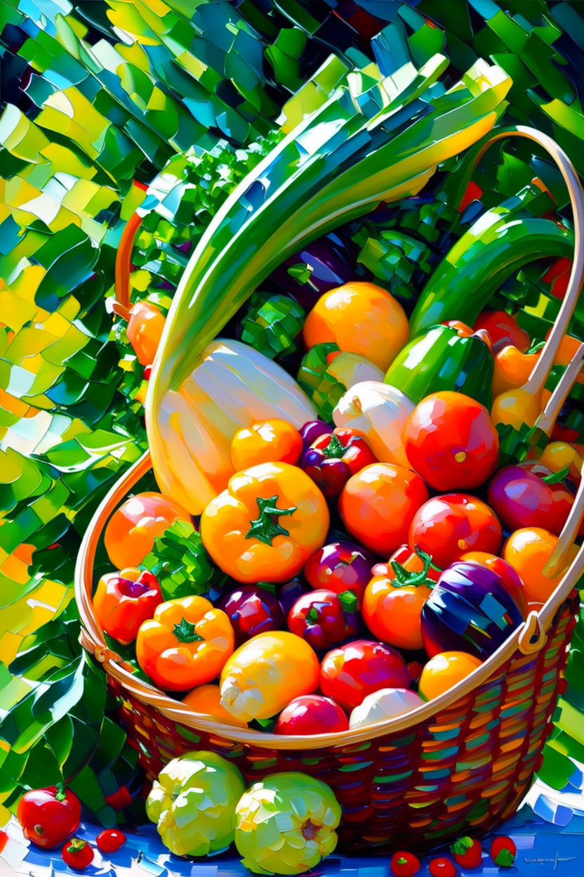 Colorful Pixelated Digital Artwork of Wicker Basket with Fruits and Vegetables