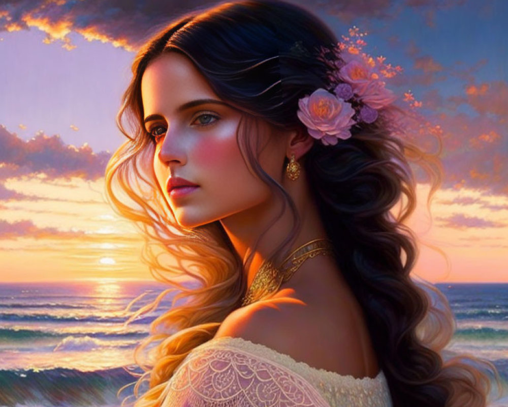 Woman with long wavy hair and flowers gazing at sunset by the ocean