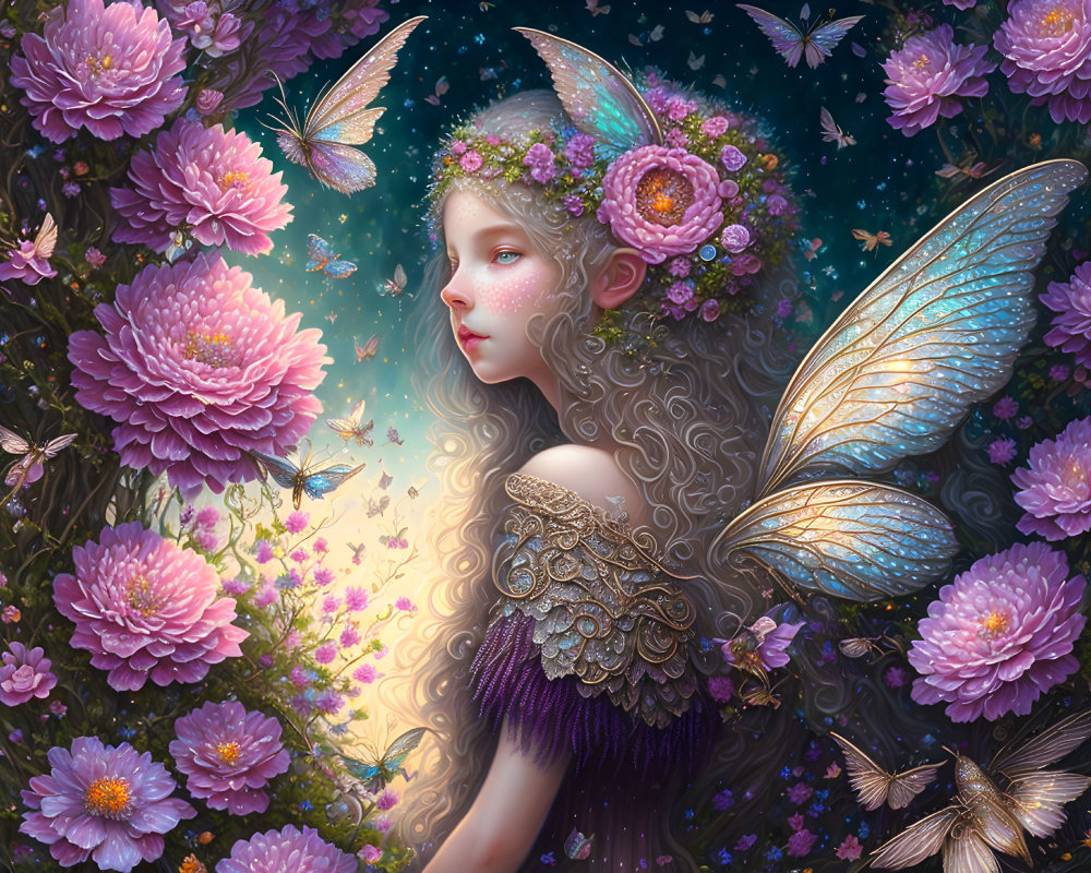 Digital artwork featuring fairy with intricate wings and pink flowers