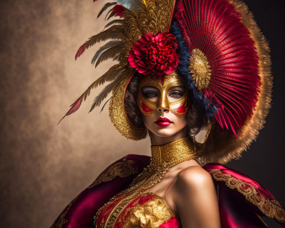 Elaborate Golden Venetian Mask with Feathered Headdress in Red and Gold Costume