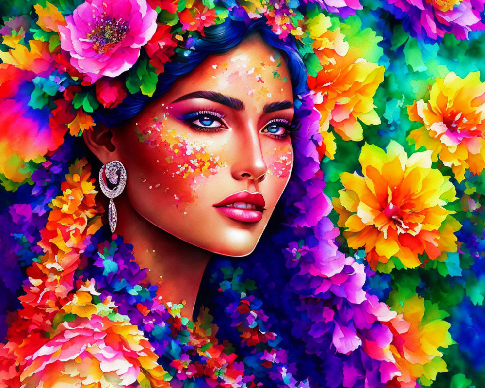 Colorful illustration: Woman with blue skin and vibrant flowers