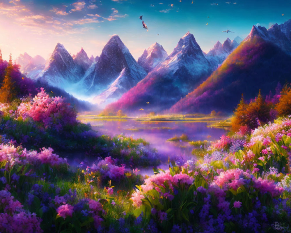 Tranquil landscape with vibrant flowers, misty lake, snow-capped mountains, birds, colorful