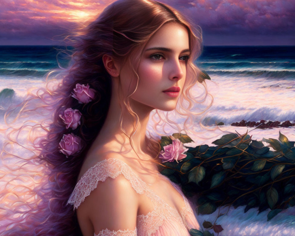 Woman with flowing hair and roses against sunset sky and ocean waves