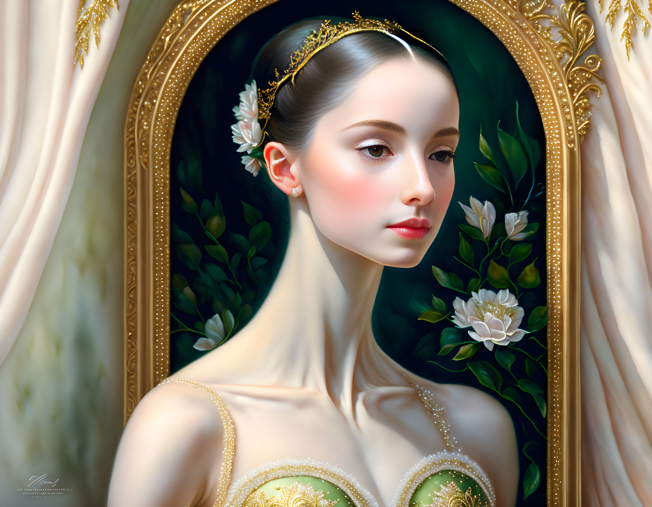 Elegant woman portrait with tiara in gold frame, surrounded by leaves and white flowers.