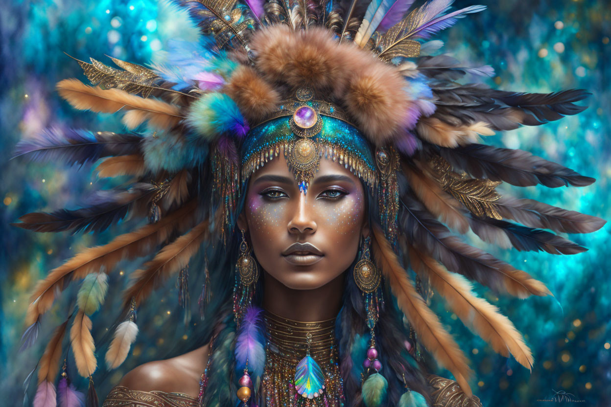 Woman with Feather Headdress and Turquoise Jewelry on Blue Background