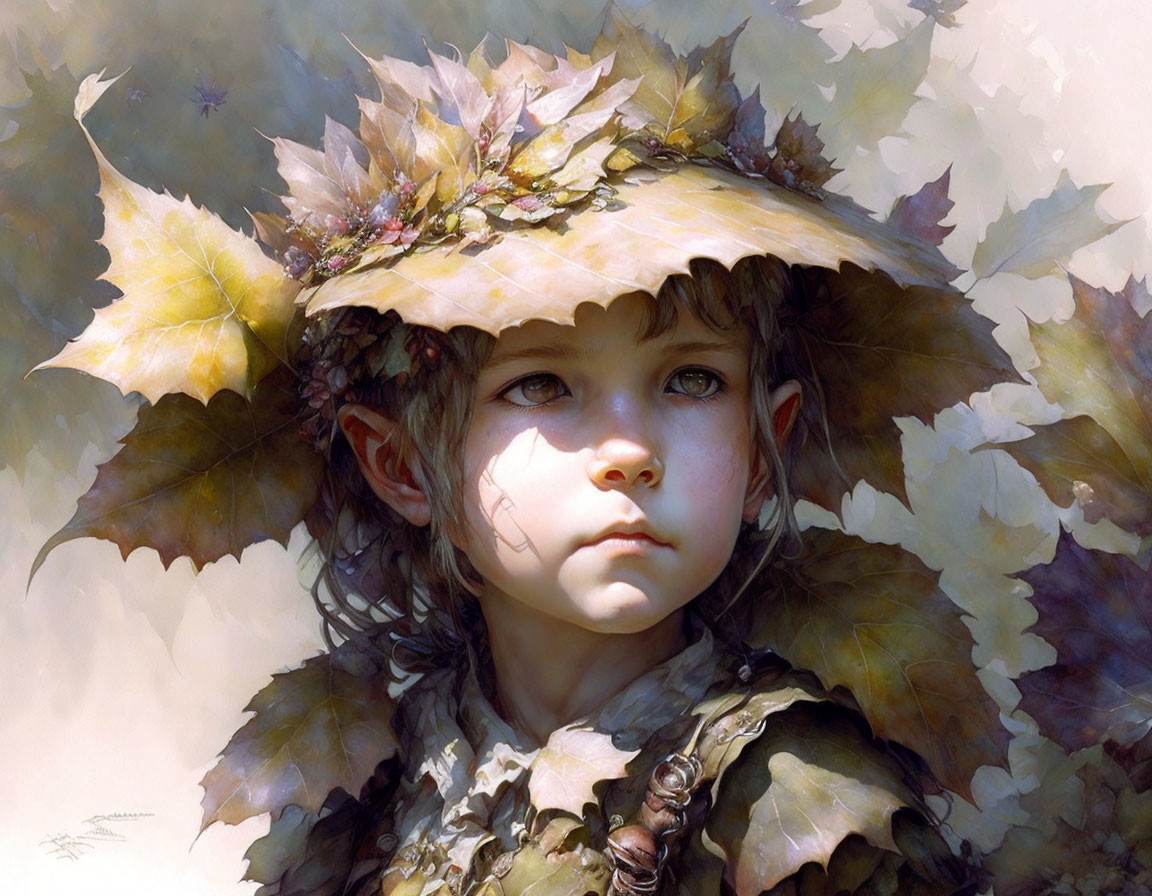 Contemplative young girl in leafy hat and cloak with soft lighting