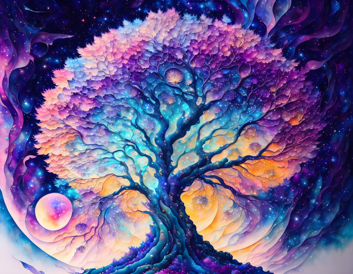 Colorful Cosmic Tree Artwork with Starry Backdrop and Planetary Bodies