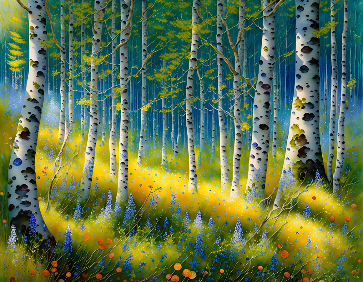 Colorful Stylized Painting: Aspen Forest with Vibrant Underbrush