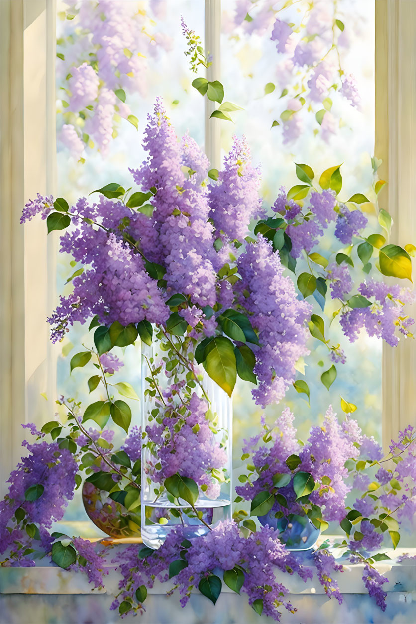 Delicate lilac flowers in sunlight by window with blurred garden view