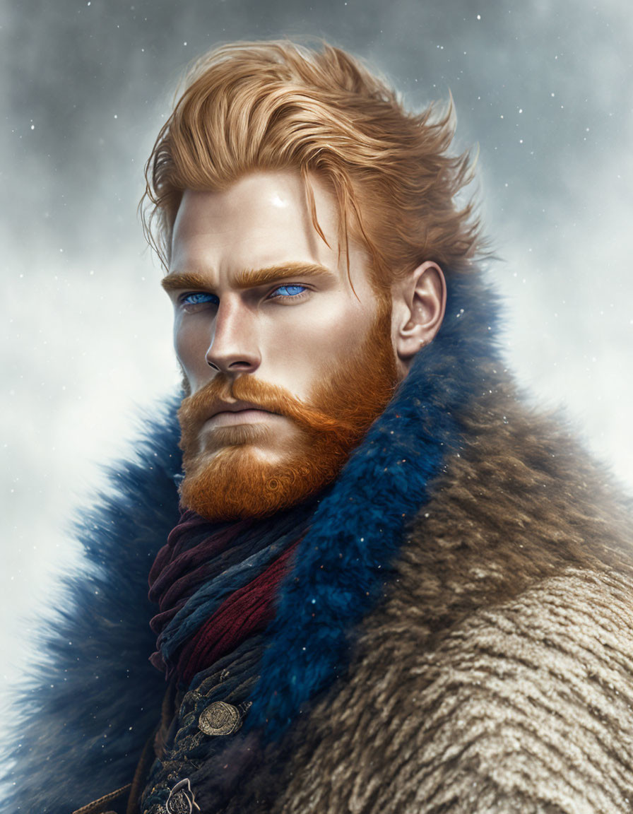 Man with Blue Eyes, Beard, and Red Hair in Fur Cloak