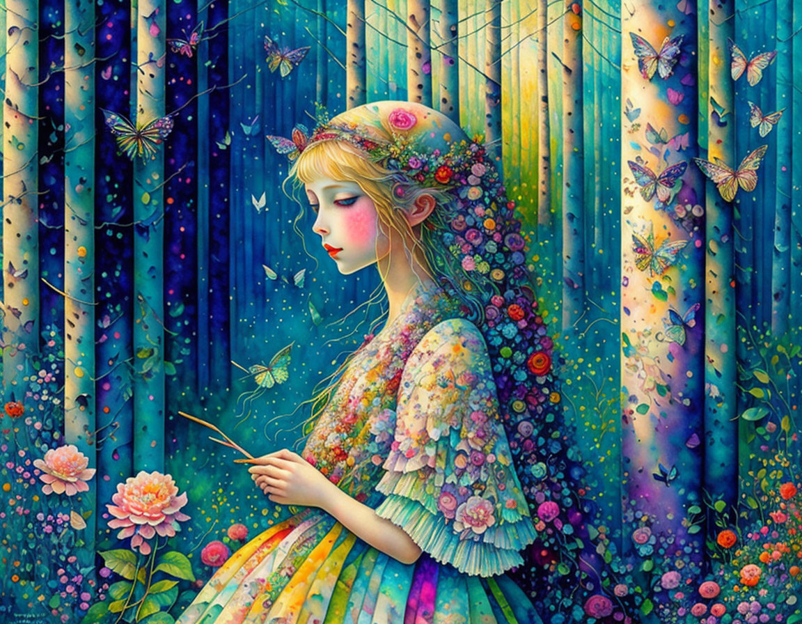 Girl in Floral Dress Surrounded by Butterflies in Mystical Forest