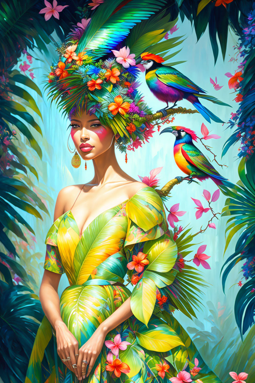 Colorful artwork of woman with floral and bird motifs in tropical setting