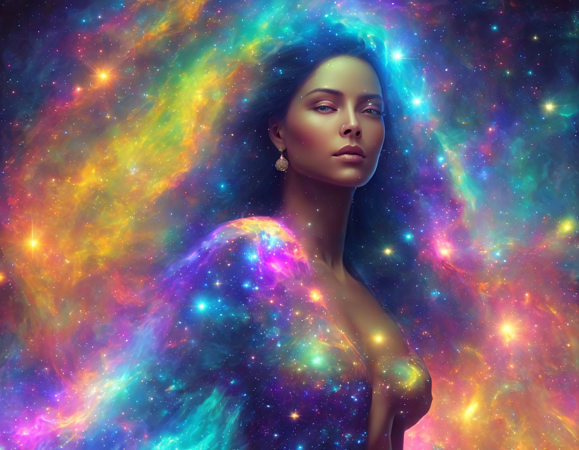 Vibrant cosmic nebula merges with woman in digital art portrait