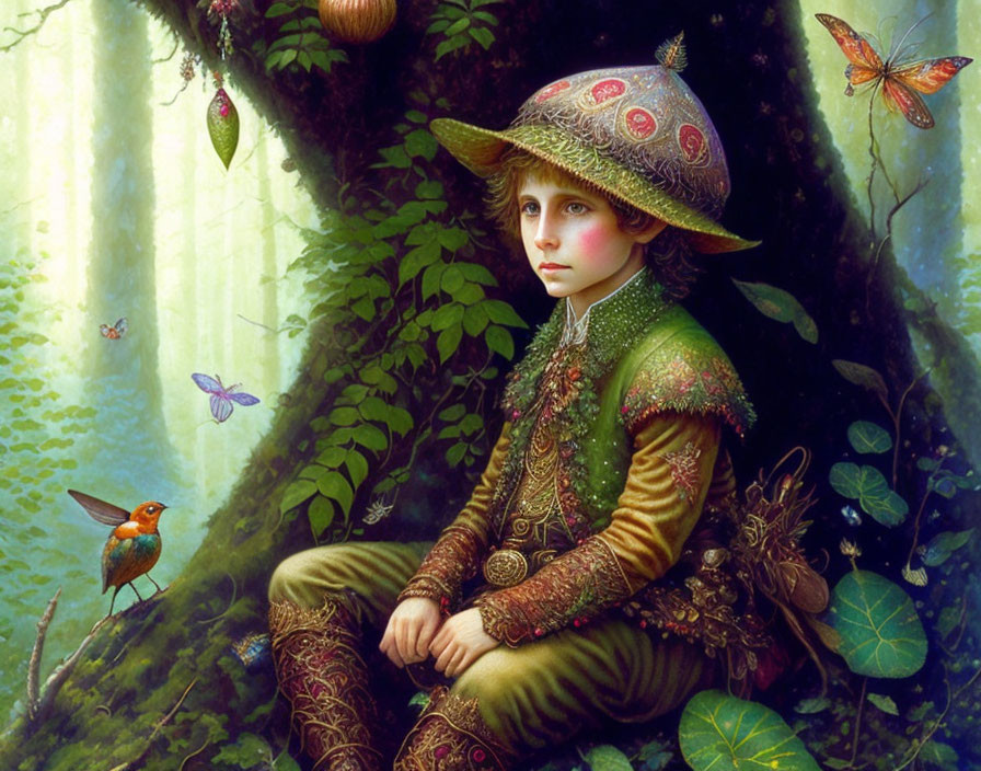 Child in ornate nature-inspired outfit surrounded by butterflies and bird in lush forest