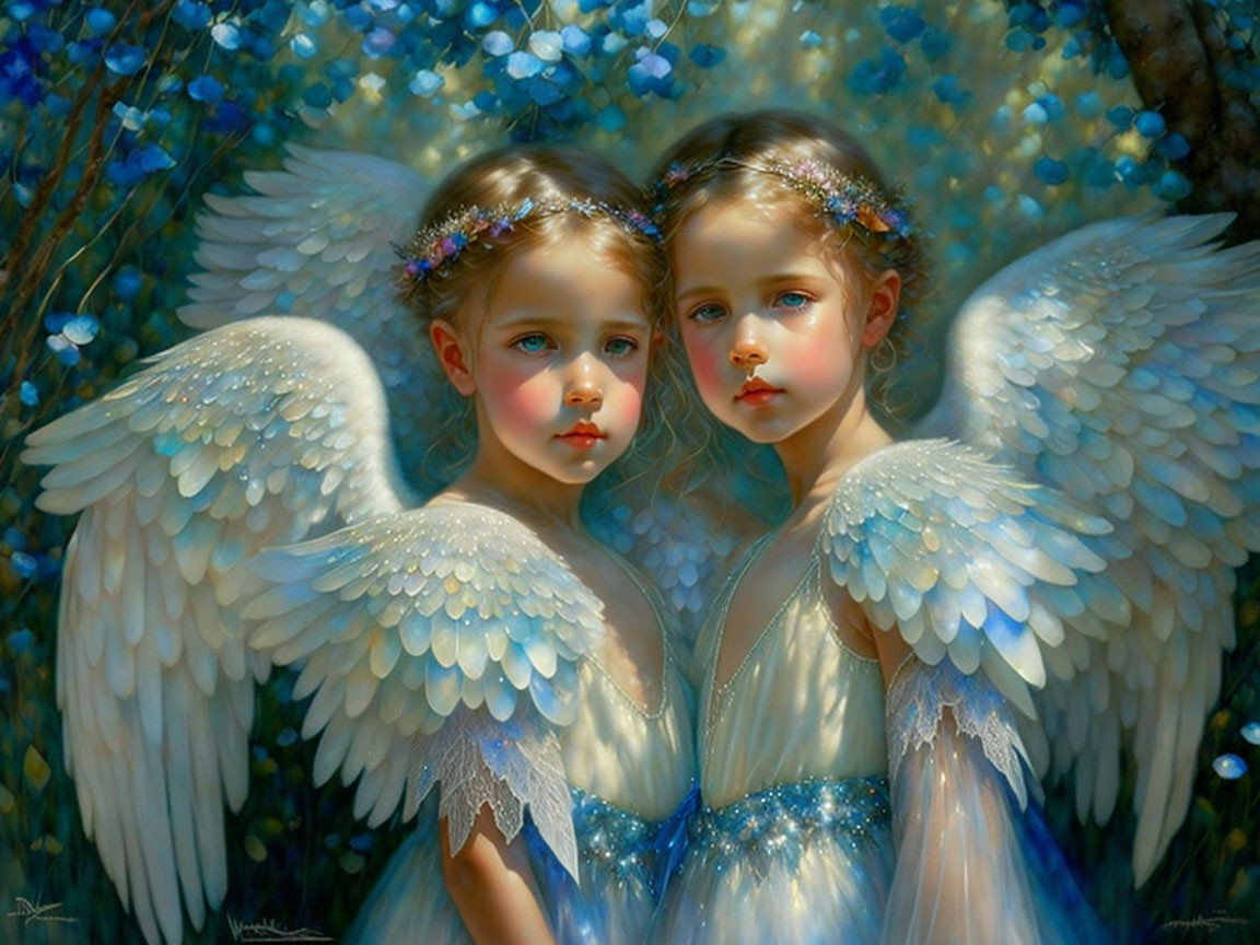 Serene blue setting with angelic children and flower crowns