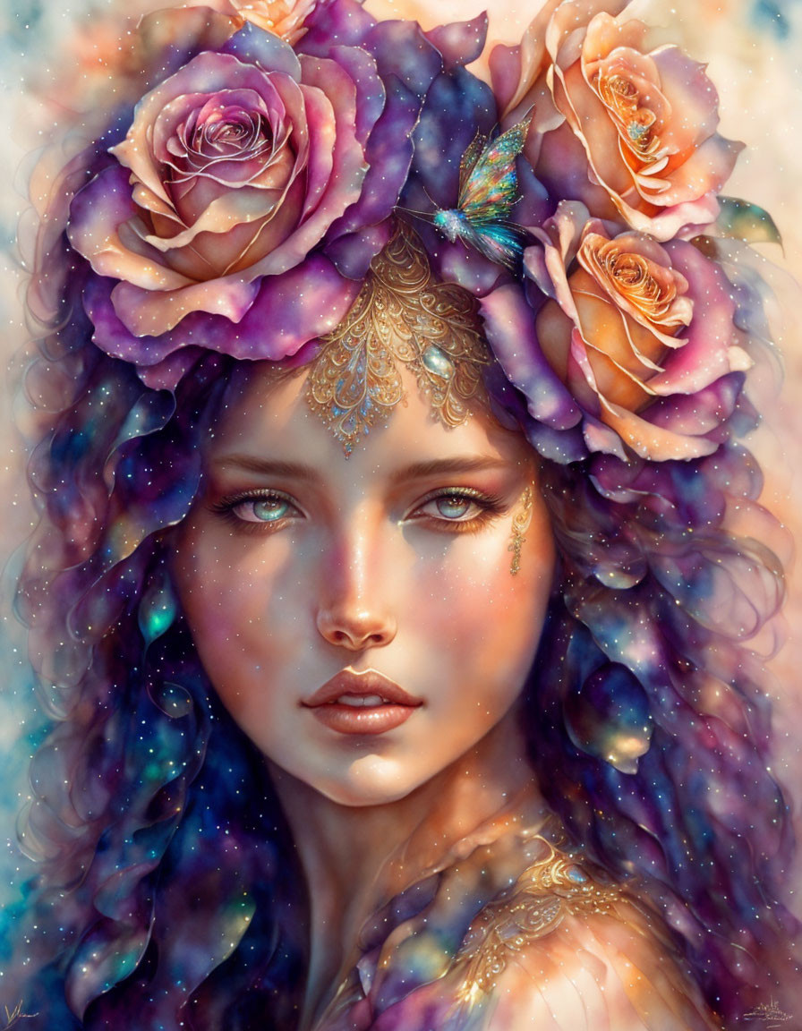 Portrait of Woman with Purple and Peach Rose Floral Crown