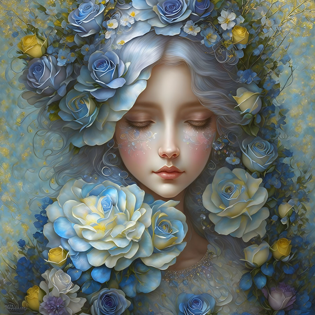 Ethereal woman with silver-blue hair among blue and yellow roses