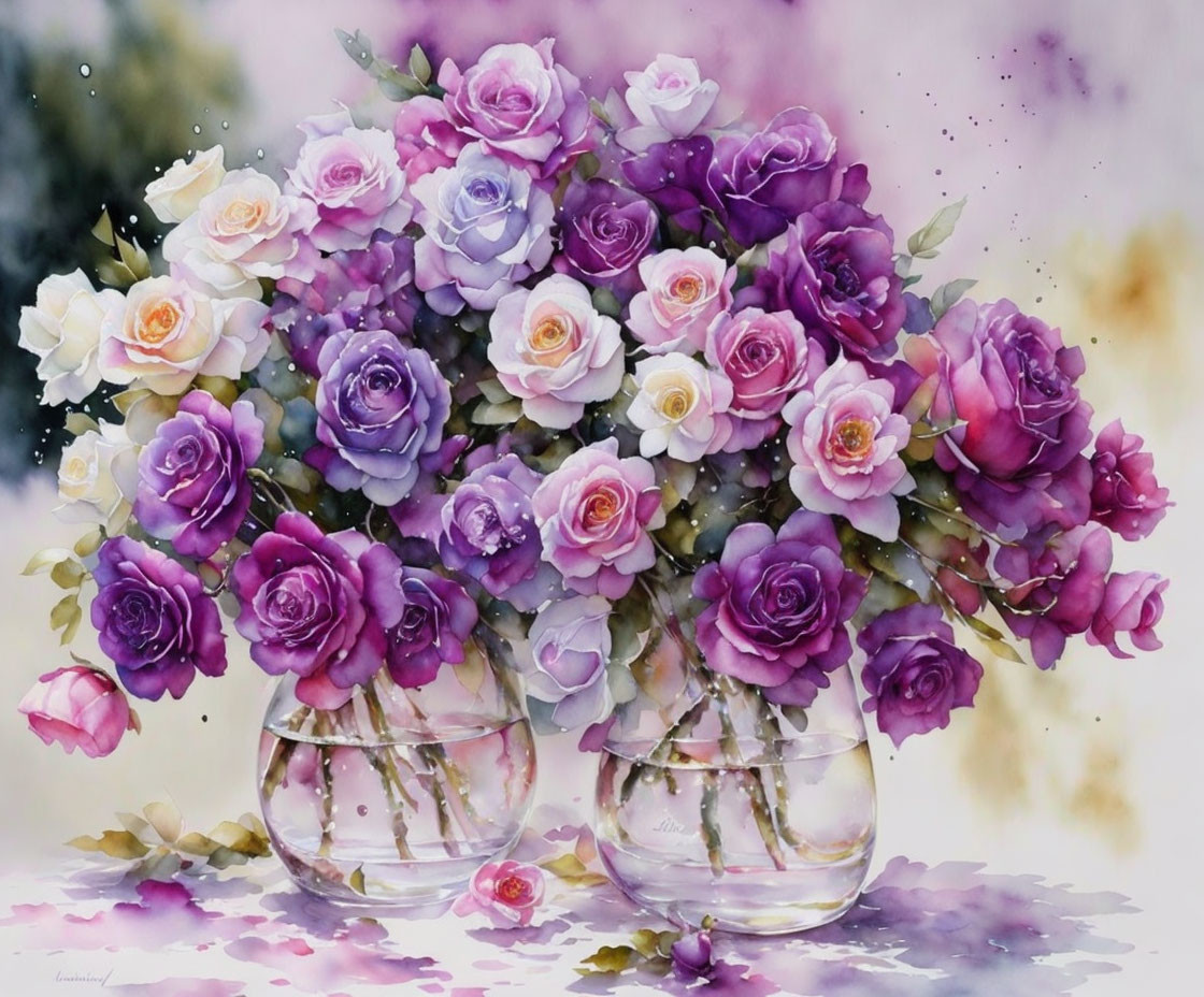 Colorful watercolor painting of purple and pink roses in glass vases on speckled background