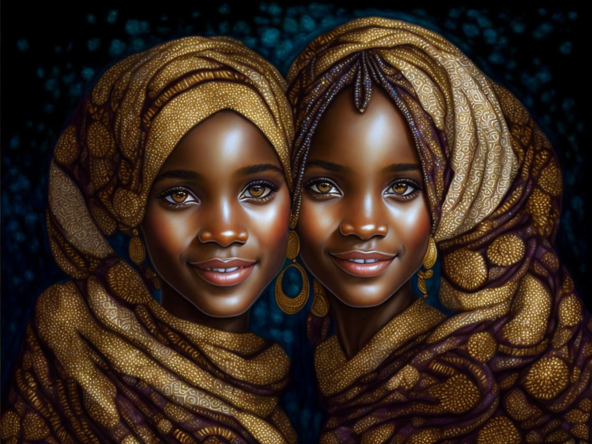 Smiling young women in ornate headscarves and hoop earrings on starry backdrop