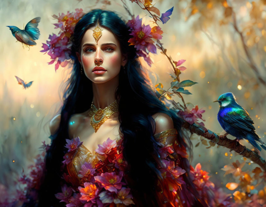 Dark-haired woman in gold jewelry with vibrant flowers and birds in enchanted forest