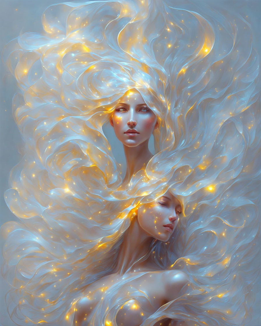 Ethereal female figures with luminous golden hair on pale blue background