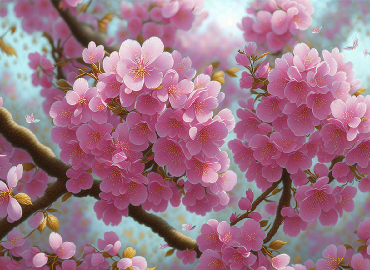 Beautiful Cherry Blossoms in Full Bloom on Soft Blue Background