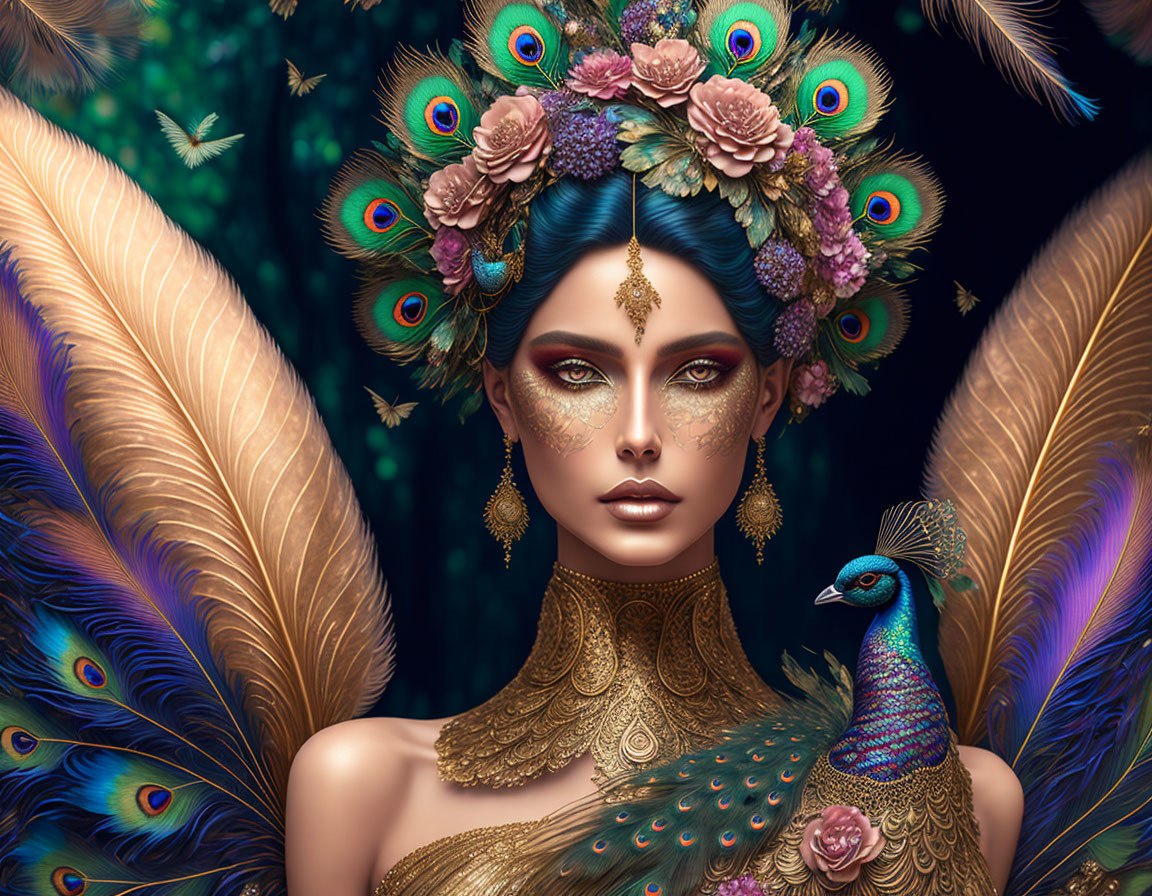 Vibrant peacock-inspired makeup and headdress with gold jewelry and feathers.