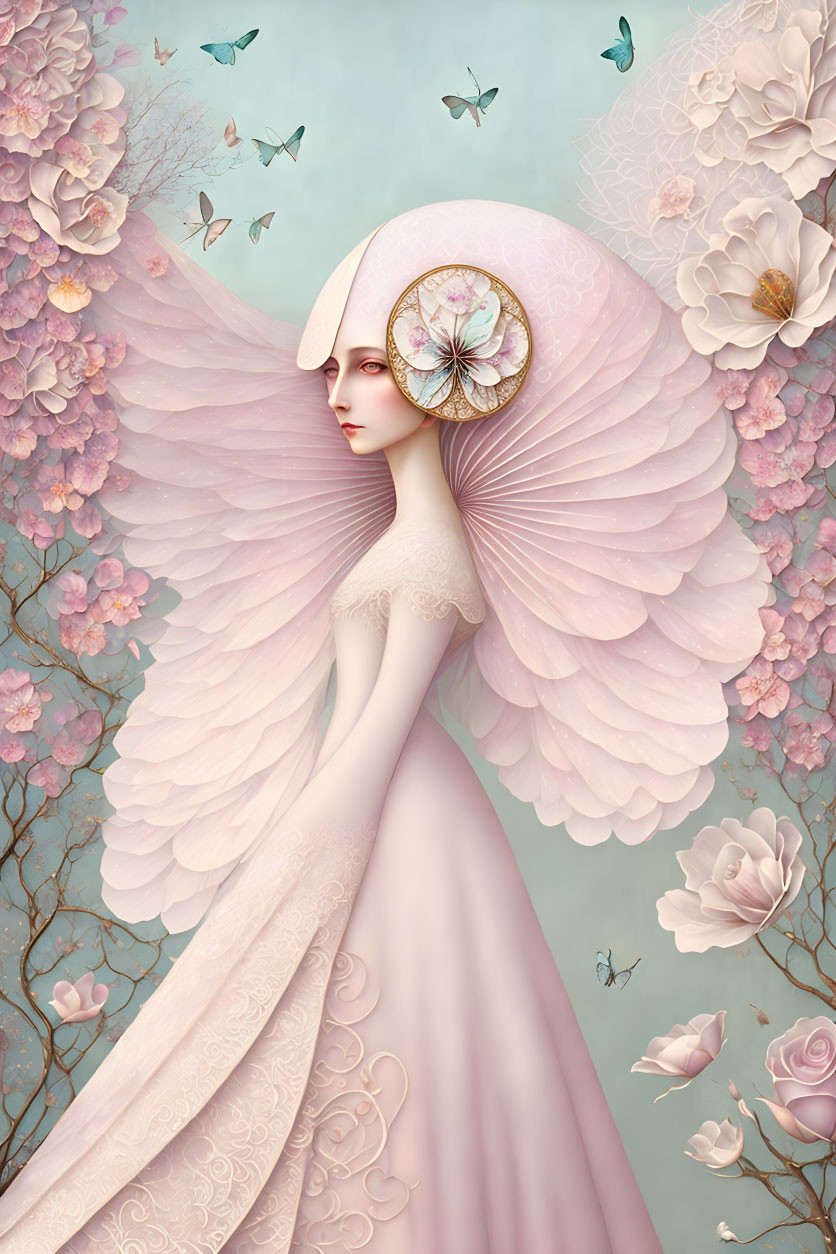 Ethereal feminine figure with wings, blossoms, and butterflies in fantastical scene