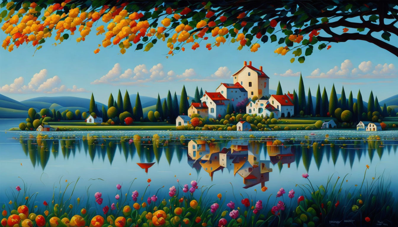 Vibrant Foliage and Calm Lake in Idyllic Landscape